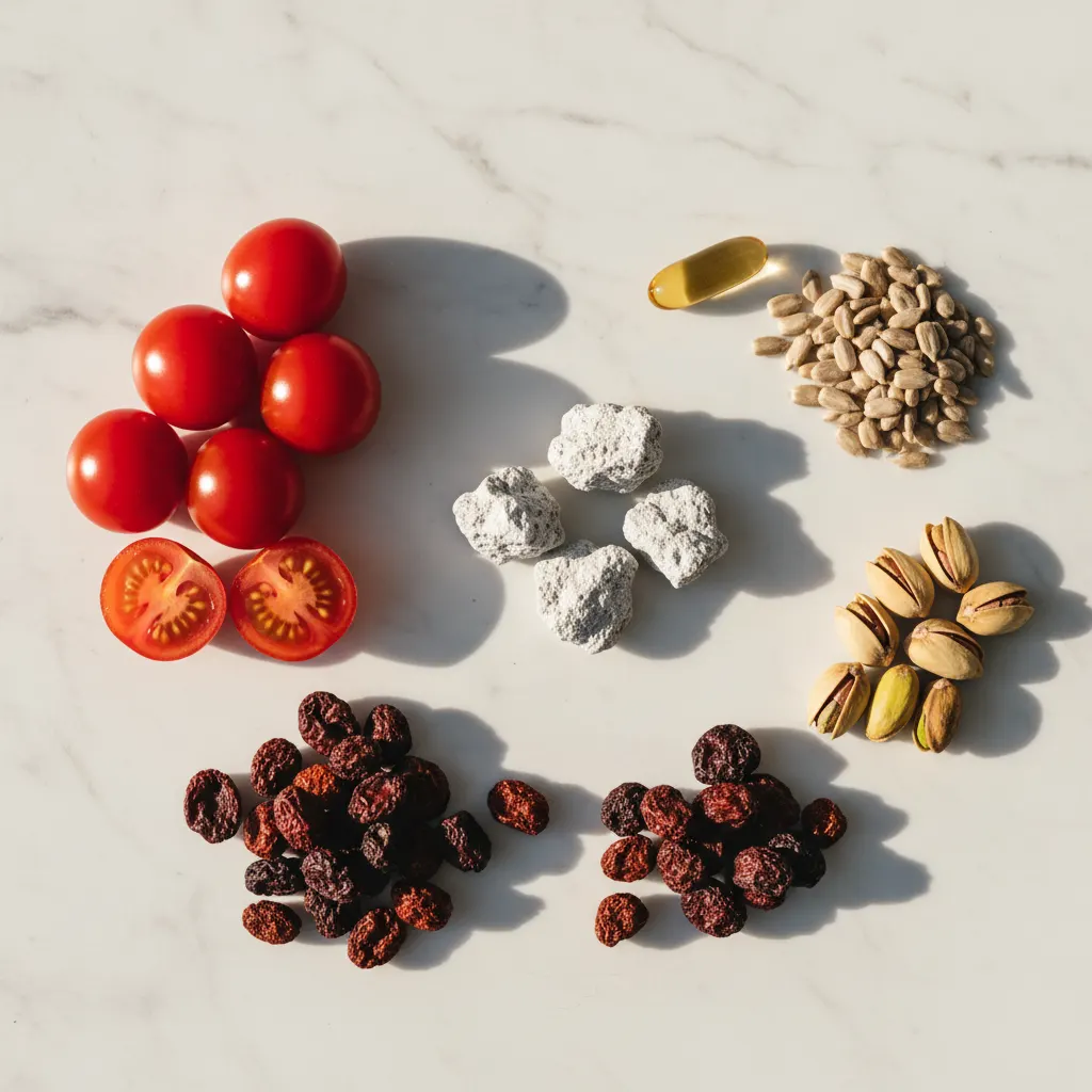 Luonnolliset ainesosat: sinkki, lykopeeni, sahapalmu, E-vitamiini, B6-vitamiini